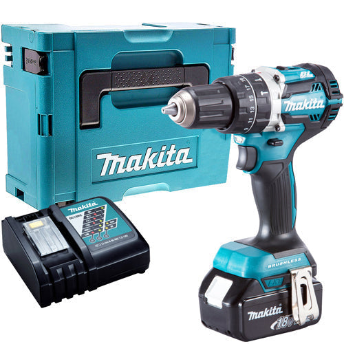 Perceuse-visseuse à percussion sans fil Makita DHP484Z 18V sans balais avec 1 batterie 5,0 Ah et chargeur en coffret