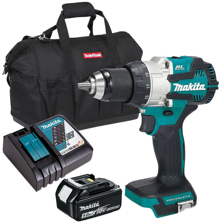 Perceuse à percussion sans fil Makita DHP489Z 18 V avec 1 batterie 5,0 Ah, chargeur et sac